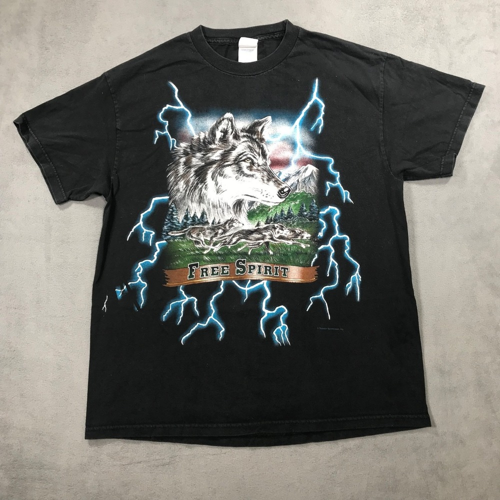 Vintage Wolf Lightning Biker Shirt Men's Large Black Thunder Sportswear AOP Y2K